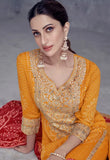 Exclusive Yellow Chinon Silk Embroidered Suit with Mirror Work and Bandhani Dupatta