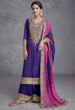 Exclusive Purple Chinon Silk Embroidered Suit with Mirror Work and Bandhani Dupatta