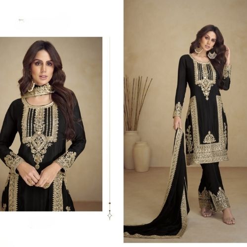 Elegant Black Pakistani Style Chinnon Embroidered Suit