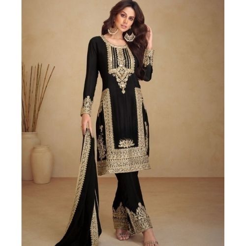 Elegant Black Pakistani Style Chinnon Embroidered Suit