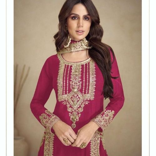 Graceful Pinkish Red Pakistani Style Chinnon Embroidered Suit