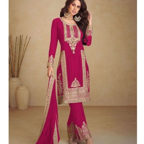 Graceful Pinkish Red Pakistani Style Chinnon Embroidered Suit