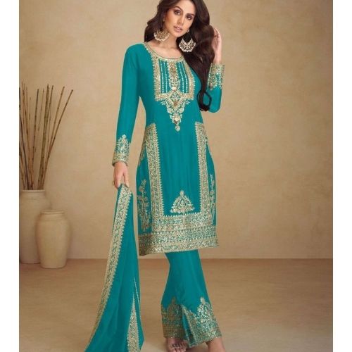 Elegant Teal Pakistani Style Chinnon Embroidered Suit