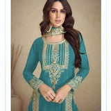 Elegant Teal Pakistani Style Chinnon Embroidered Suit