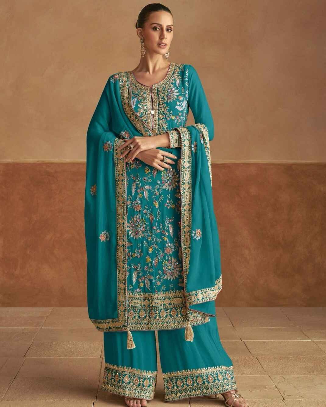 Teal Blue Embroidered Chinon Sharara Suit