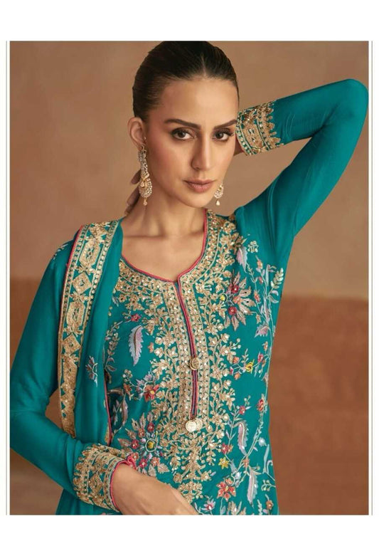 Teal Blue Embroidered Chinon Sharara Suit