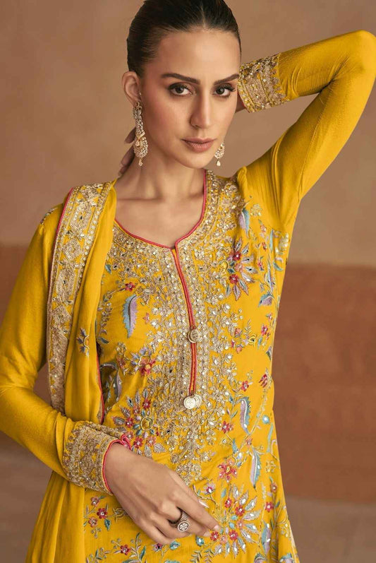 Golden Sunshine Embroidered Chinon Sharara Suit