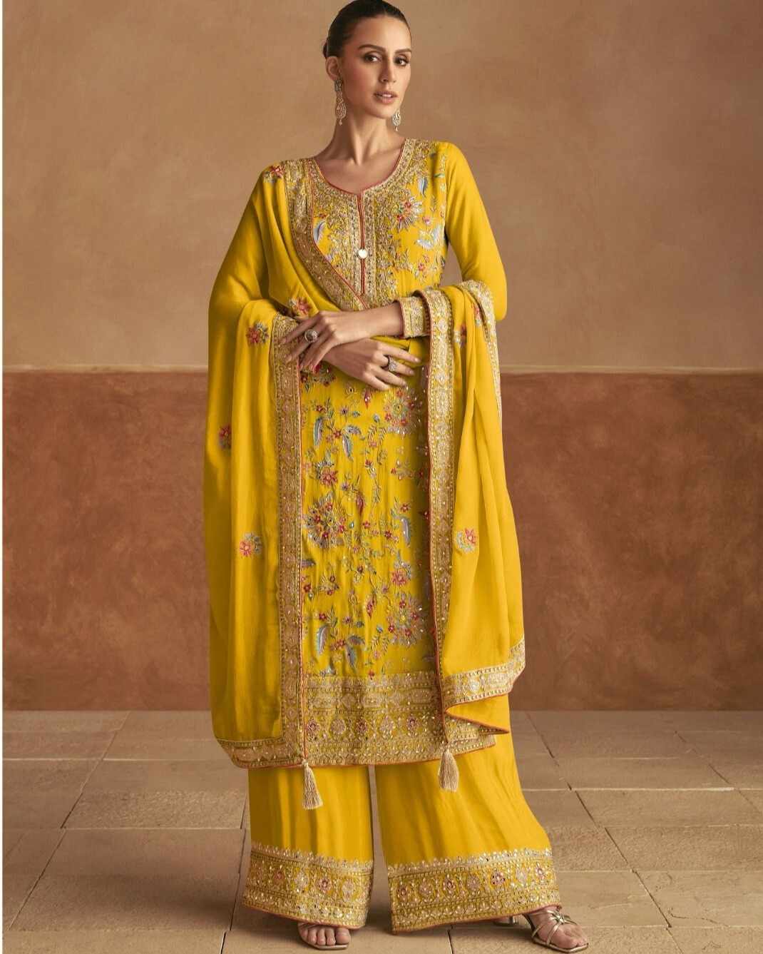 Golden Sunshine Embroidered Chinon Sharara Suit