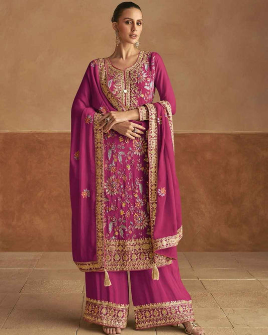 Regal Magenta Embroidered Chinon Palazzo Suit