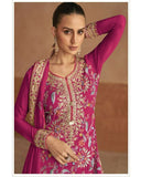 Regal Magenta Embroidered Chinon Palazzo Suit