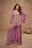 Graceful Lavender Chinnon Embroidered Peplum Set with Flared Pants