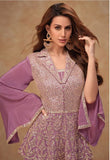 Graceful Lavender Chinnon Embroidered Peplum Set with Flared Pants