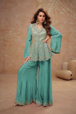 Elegant Sea Green Chinnon Embroidered Peplum Set with Flared Pants