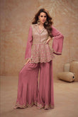 Elegant Dusty Rose Chinnon Embroidered Peplum Set with Flared Pants