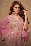 Elegant Dusty Rose Chinnon Embroidered Peplum Set with Flared Pants