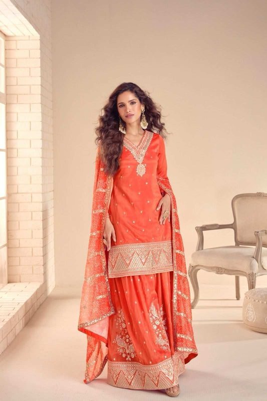 Elegant Coral Orange Simar Silk Sharara Suit with Embroidered Dupatta