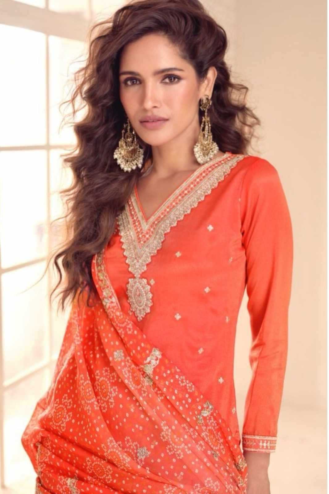 Elegant Coral Orange Simar Silk Sharara Suit with Embroidered Dupatta