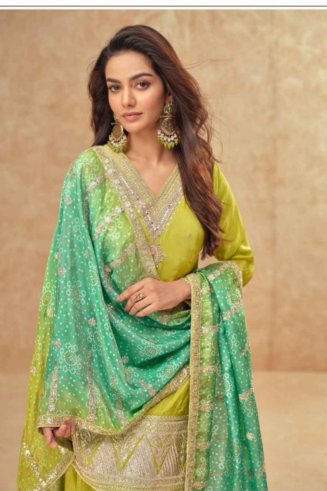 Block-Printed Simar Silk Sharar Suit with Dazzling Dupatta in Lime Green