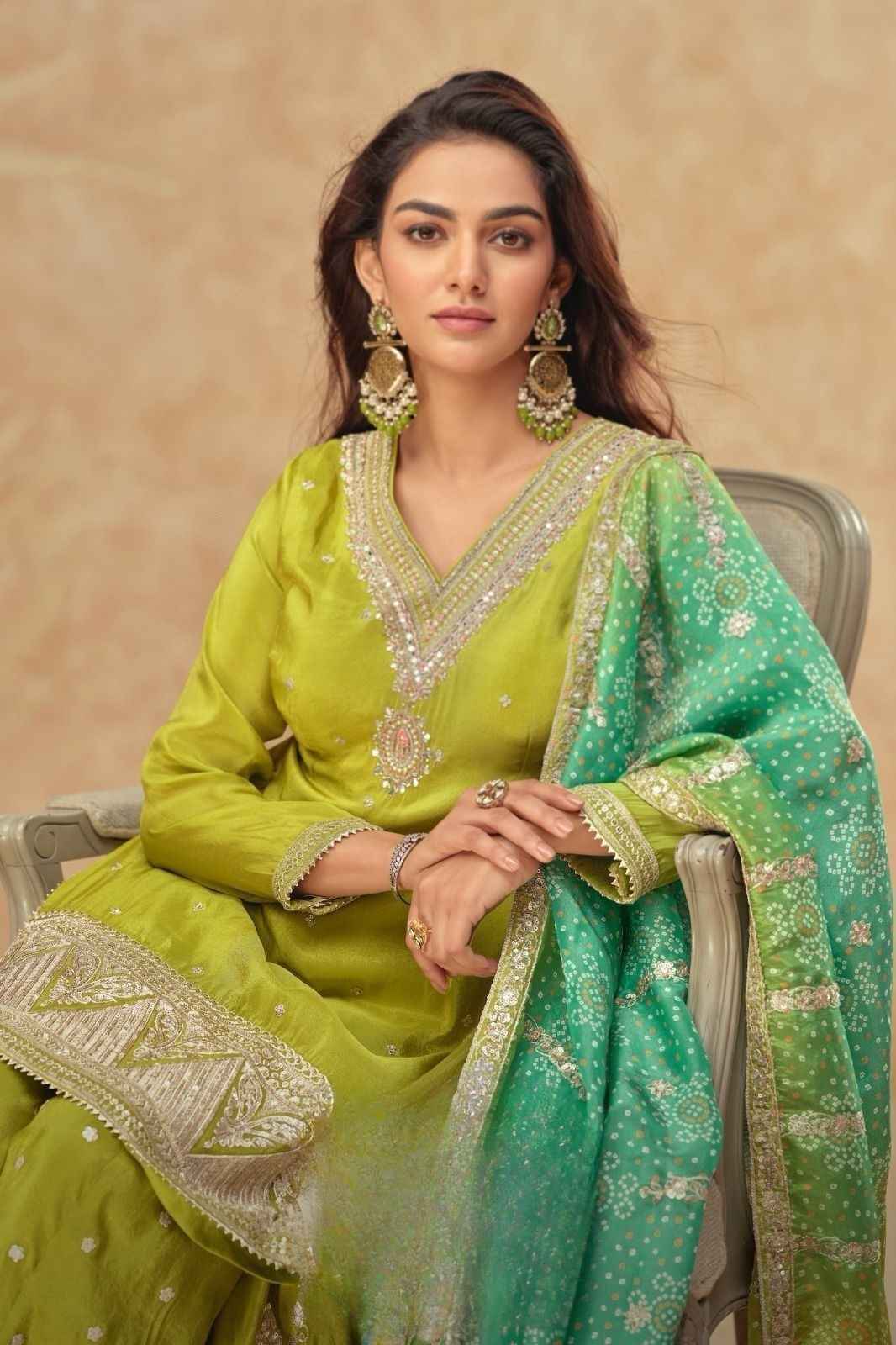 Block-Printed Simar Silk Sharar Suit with Dazzling Dupatta in Lime Green