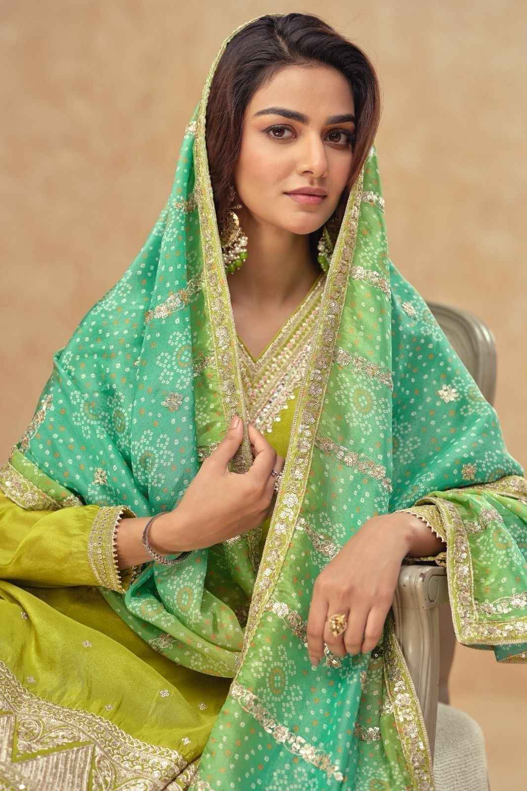 Block-Printed Simar Silk Sharar Suit with Dazzling Dupatta in Lime Green