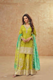 Block-Printed Simar Silk Sharar Suit with Dazzling Dupatta in Lime Green