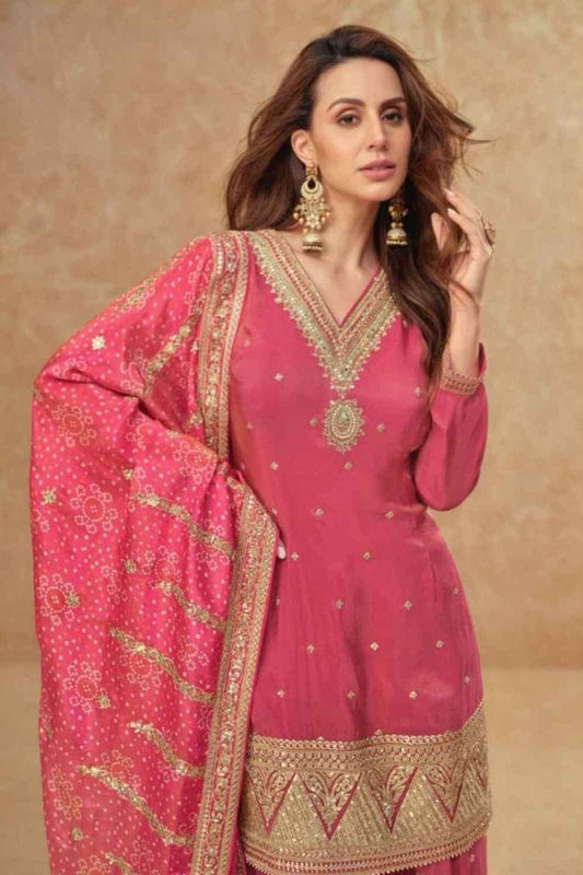 Simar Silk Sharara Suit in Rosy Pink with Zari Embroidery & Bandhani Dupatta