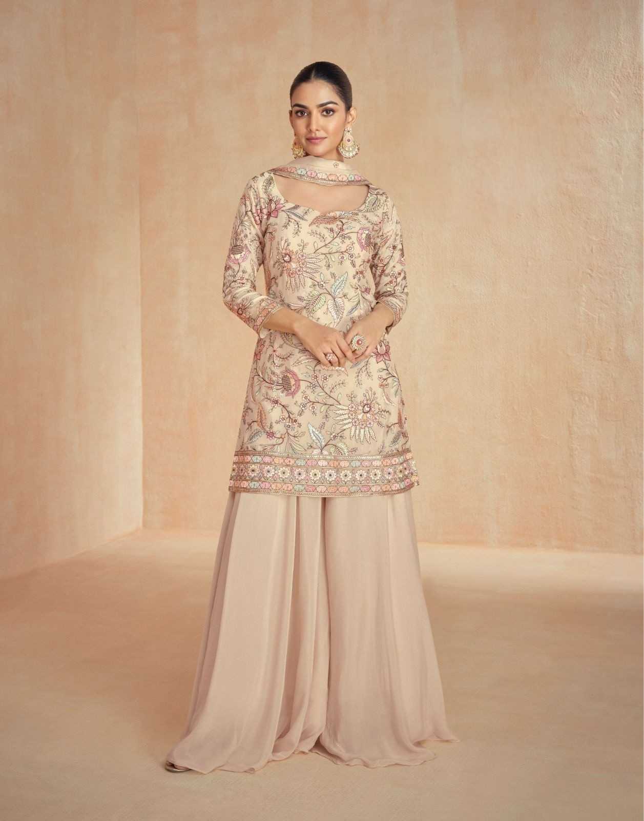 Elegant Beige Embroidered Chinnon Sharara Suit