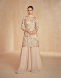 Elegant Beige Embroidered Chinnon Sharara Suit