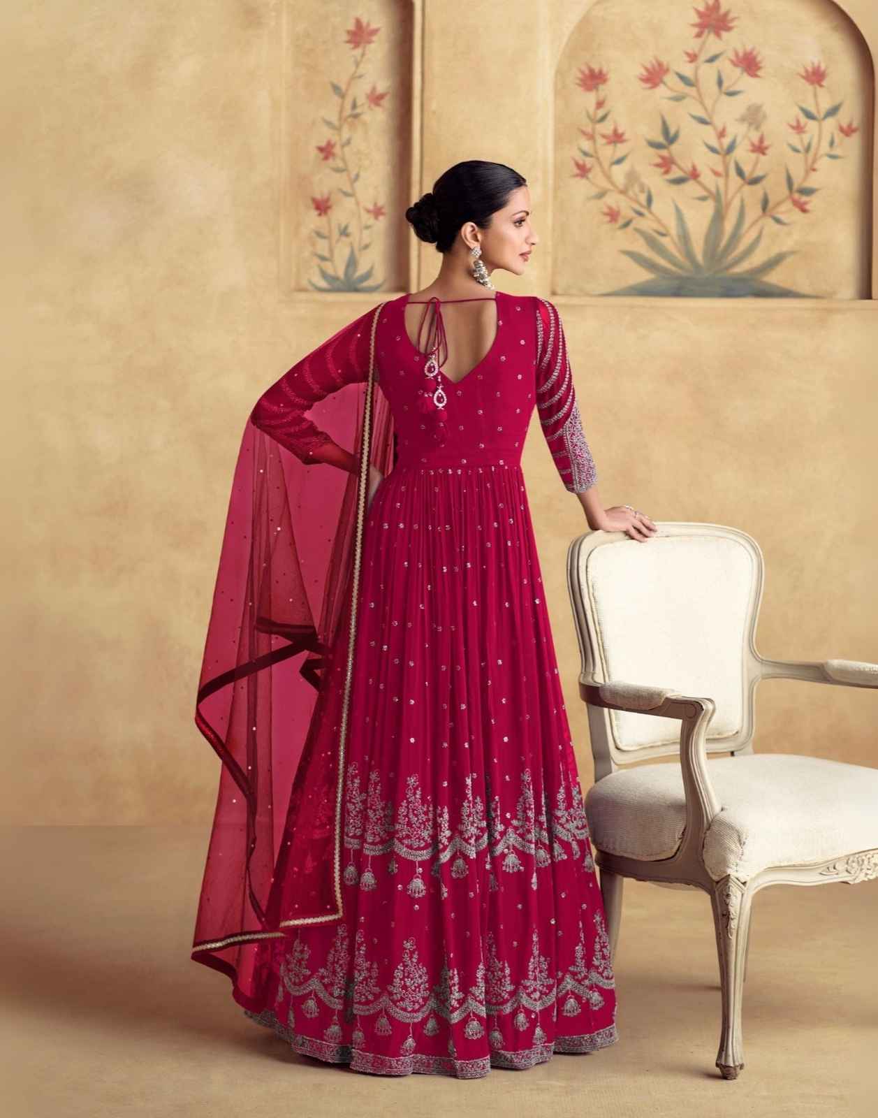 Majestic Wine Embroidered Georgette Anarkali Suit