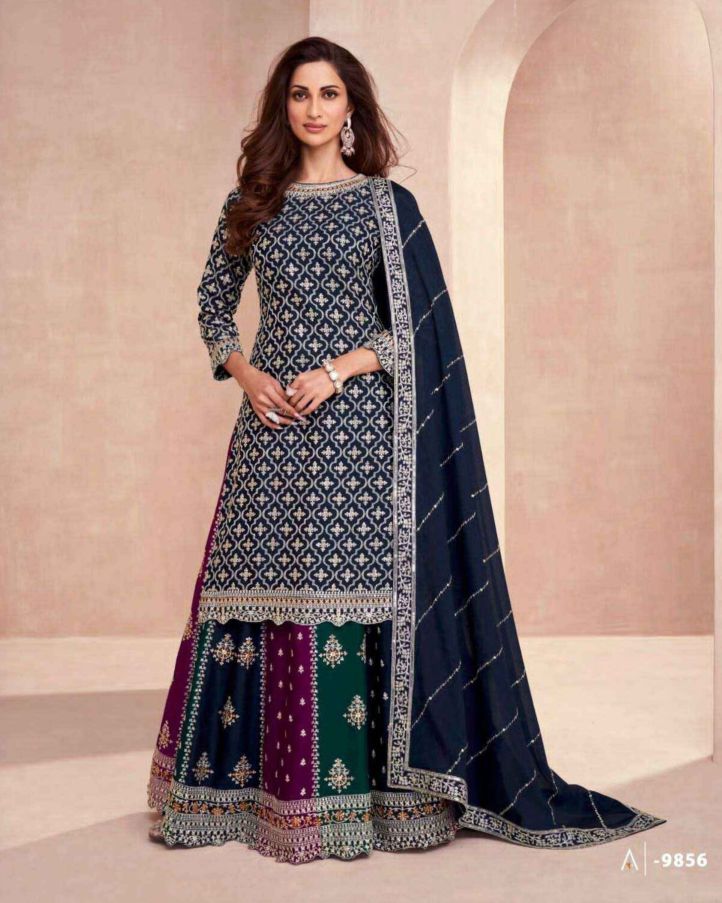 Elegant Navy Blue Chinnon Silk Suit with Skirt and Dupatta - Ready to Wear