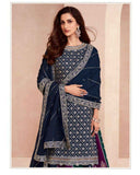 Elegant Navy Blue Chinnon Silk Suit with Skirt and Dupatta - Ready to Wear