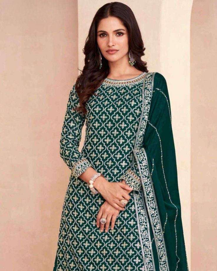 Elegant Green Chinnon Silk Suit with Embroidered Skirt and Dupatta