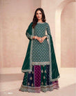 Elegant Green Chinnon Silk Suit with Embroidered Skirt and Dupatta