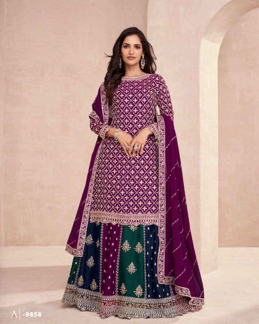 Regal Purple Chinnon Silk Suit with Embroidered Skirt and Dupatta