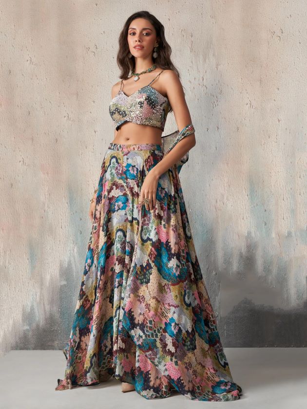 Vibrant Multicolor Printed Chinon Lehenga Set with Khatli Work Blouse