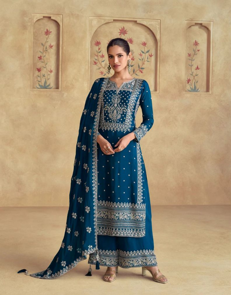 Stunning Teal Blue Embroidered Chinon Ready-Made Suit with Dupatta