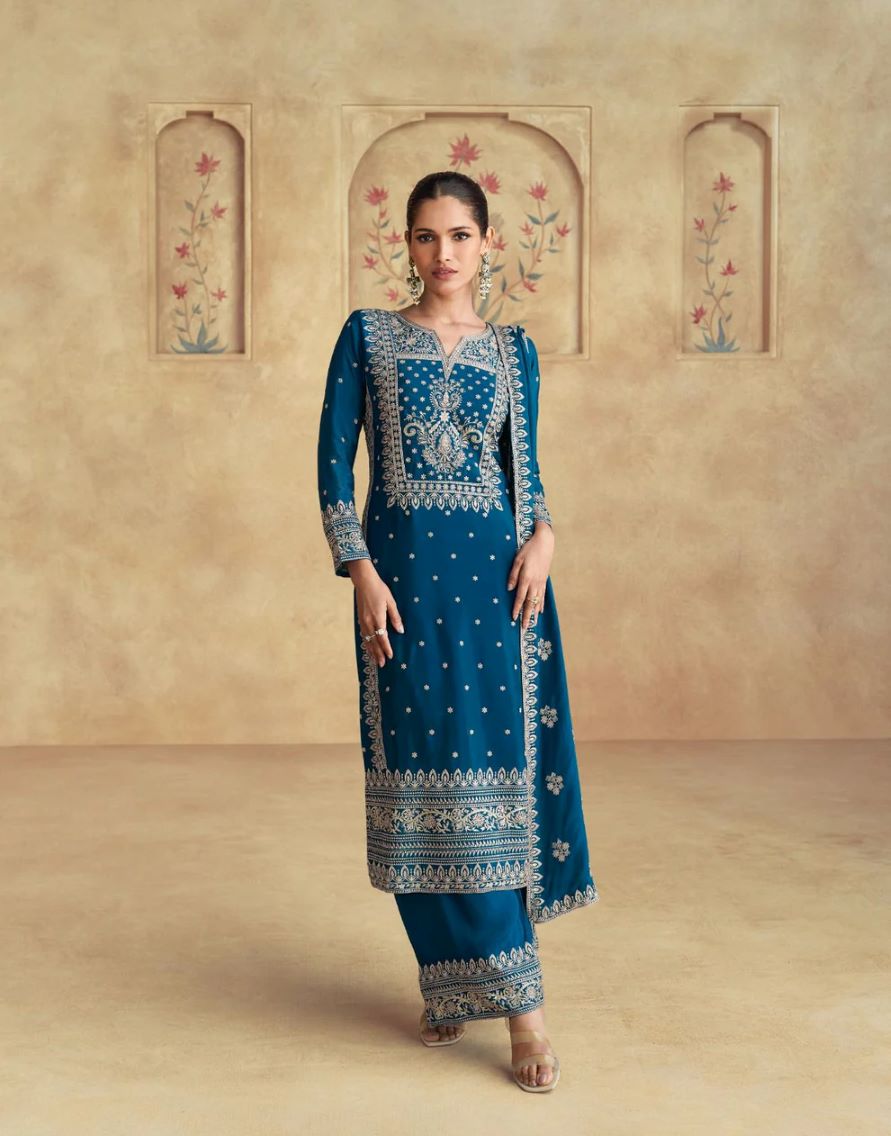 Stunning Teal Blue Embroidered Chinon Ready-Made Suit with Dupatta