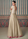 Graceful Ivory Chinnon Silk Embroidered Long Dress with Floral Detailing and Cancan