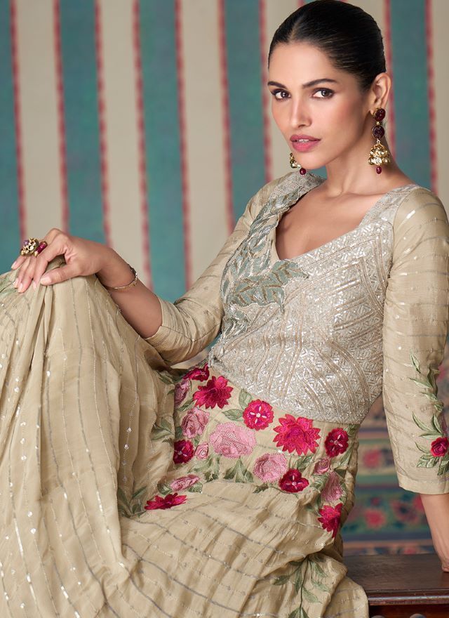 Graceful Ivory Chinnon Silk Embroidered Long Dress with Floral Detailing and Cancan