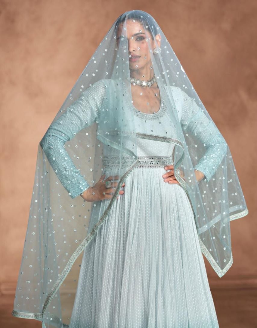 Elegant Sky Blue Georgette & Chinnon Chikankari Embroidered Long Dress with Dupatta