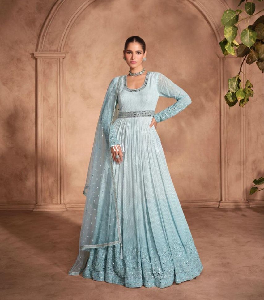 Elegant Sky Blue Georgette & Chinnon Chikankari Embroidered Long Dress with Dupatta