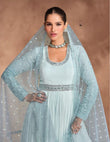 Elegant Sky Blue Georgette & Chinnon Chikankari Embroidered Long Dress with Dupatta