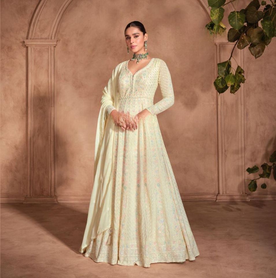 Graceful Pastel Cream Georgette & Chinnon Chikankari Embroidered Long Dress with Dupatta