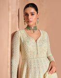 Graceful Pastel Cream Georgette & Chinnon Chikankari Embroidered Long Dress with Dupatta