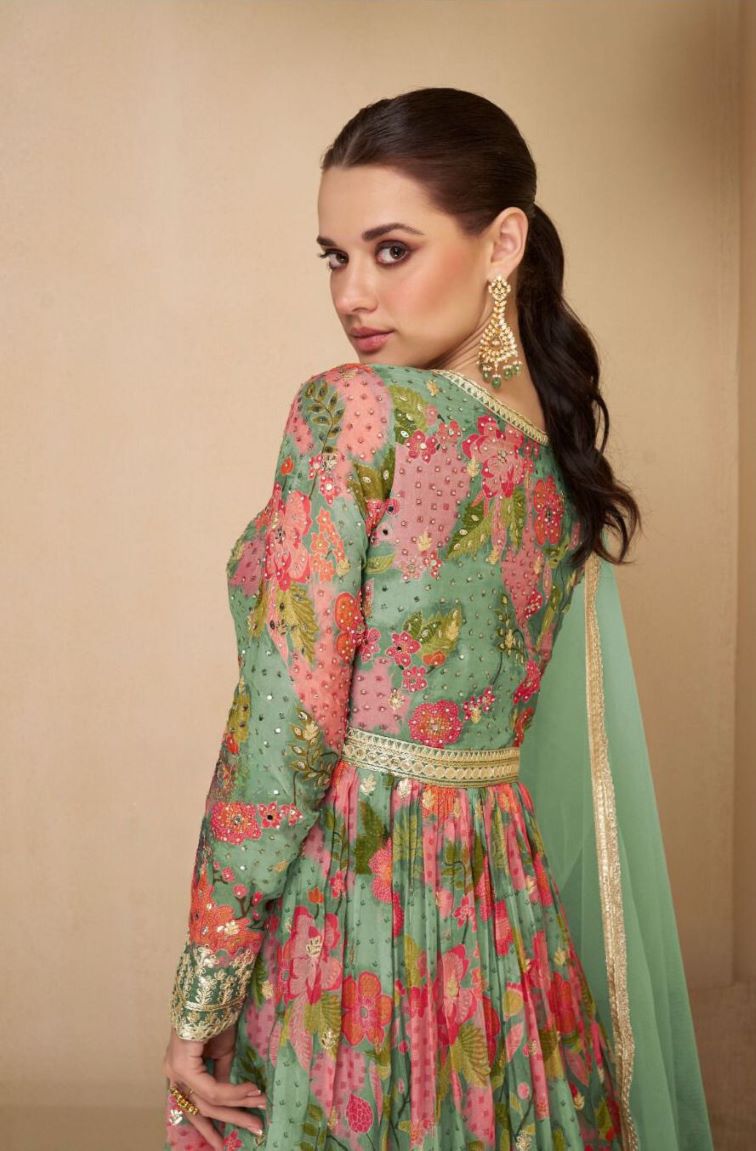 Floral Green Anarkali Gown with Golden Embellishments