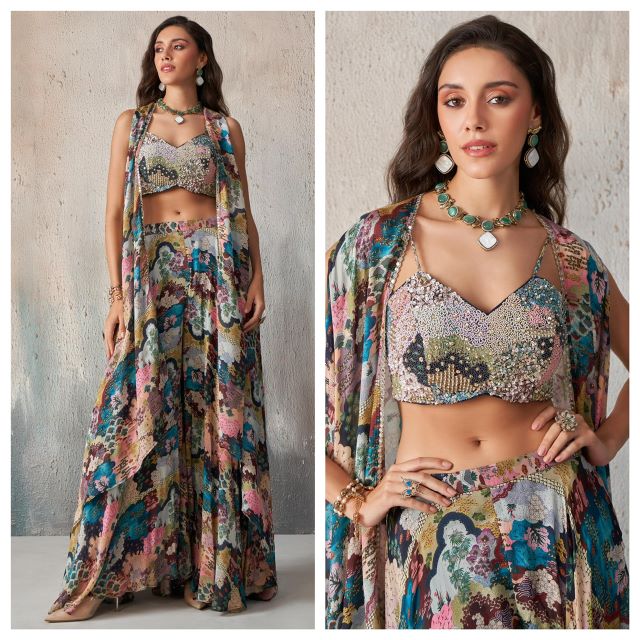 Vibrant Multicolor Printed Chinon Lehenga Set with Khatli Work Blouse