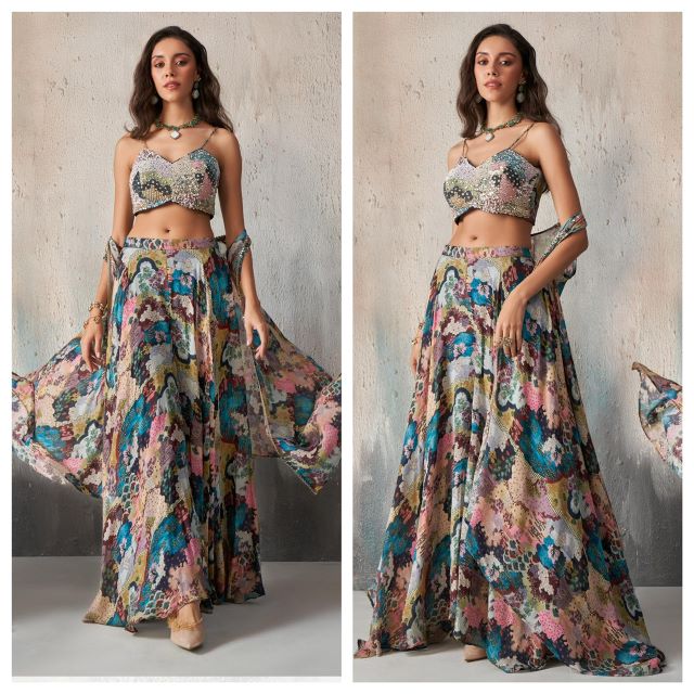 Vibrant Multicolor Printed Chinon Lehenga Set with Khatli Work Blouse