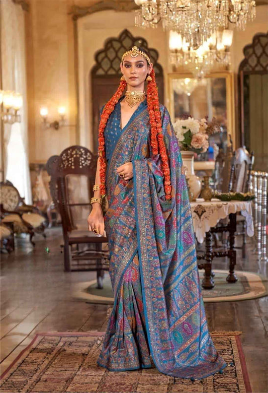 Mystic Teal Blue & Multicolor Heritage Print Polyester Viscose Silk Saree