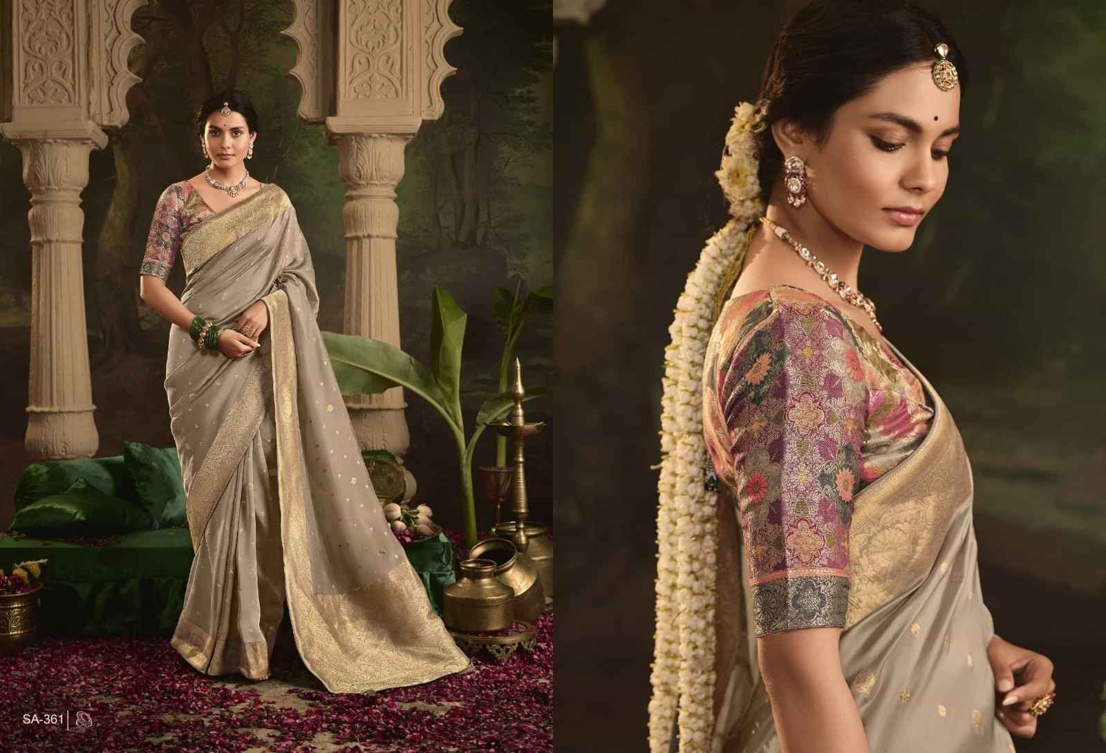 Regal Grey & Gold Crepe Dola Silk Saree