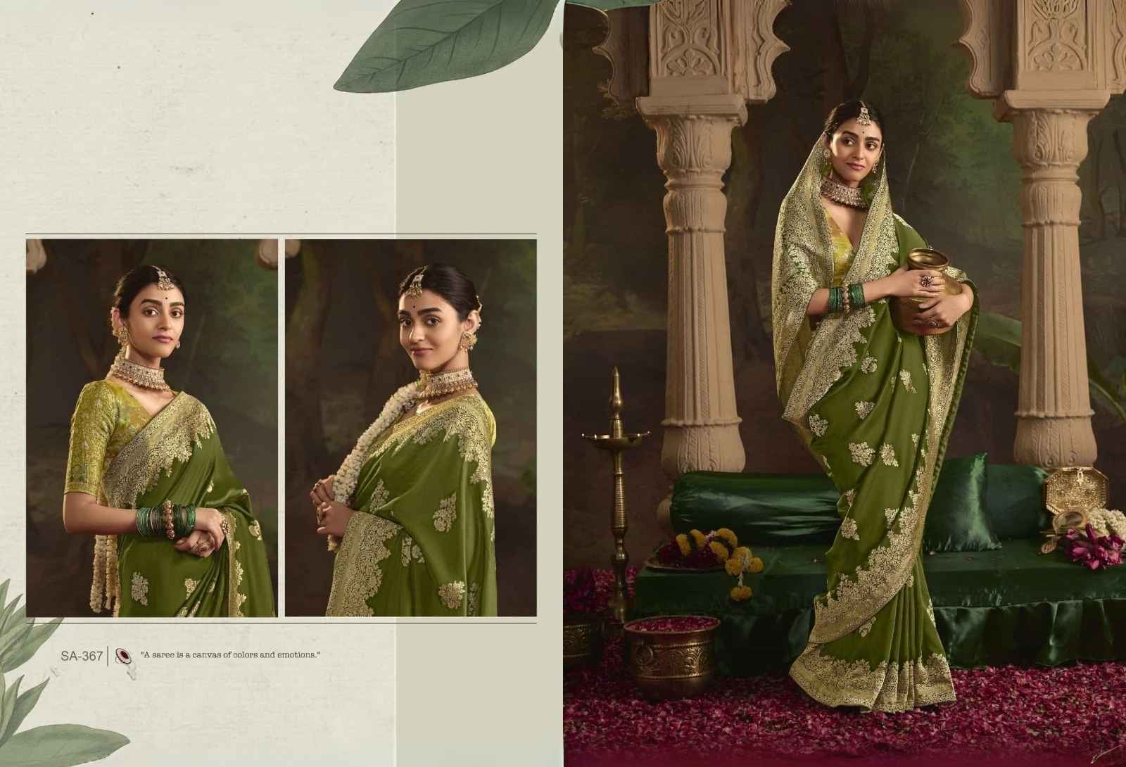 Royal Olive Green & Gold Crepe Dola Silk Saree